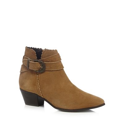 Tan suede mock buckle studded ankle boots